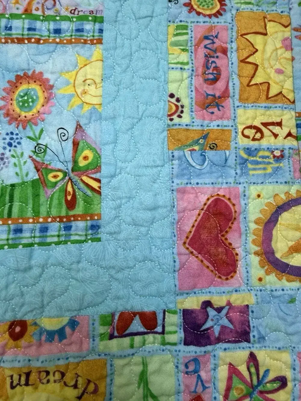 Handmade Baby/Toddler Quilt.  50”x39” Butterflies, Sunshine, multi-color